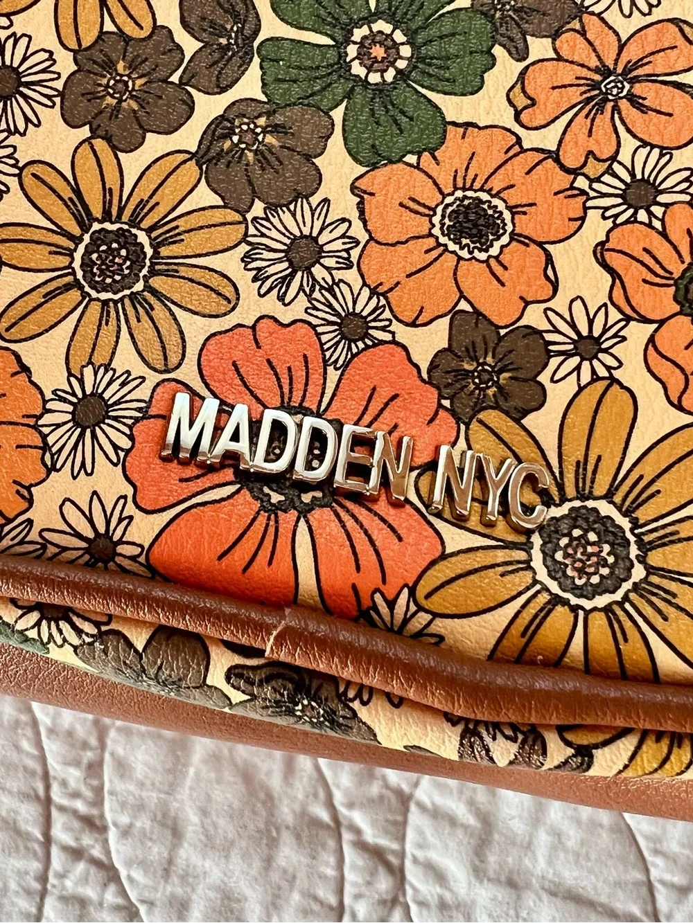 Madden NYC Mini Backpack in Orange/Green/Brown Retro Flower Power 70s Style
